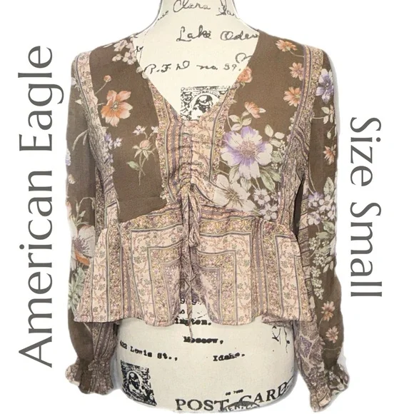 American Eagle - Boho Cottagecore Patchwork Floral Peplum Blouse - Size Small - Picture 2 of 10